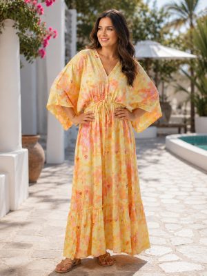 Wevez V Neck Kimono Maxi Dress V Neck Floral Print