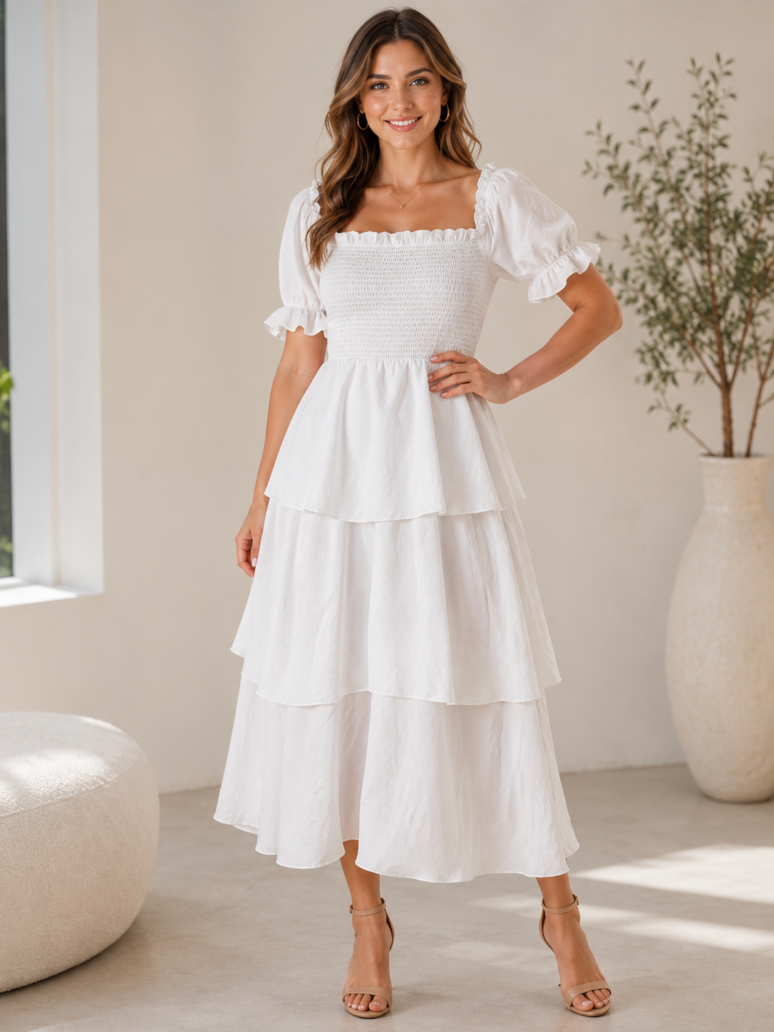 smocked midi dress with sleeves