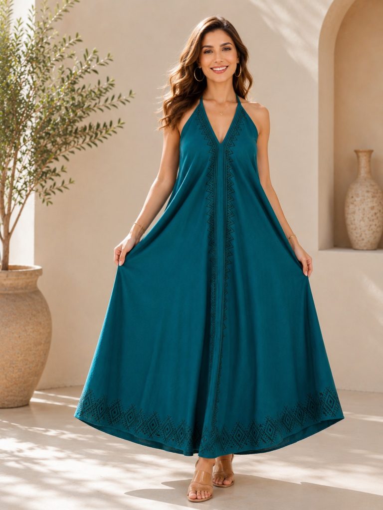Wevez Backless Halter Maxi Dress V Neck